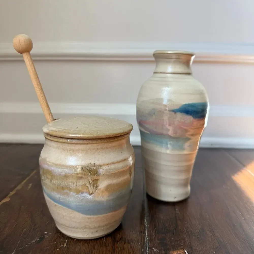 Handmade Ceramic Honey Pot Vase Set Blue Beige Brown Earthy Pottery Decor